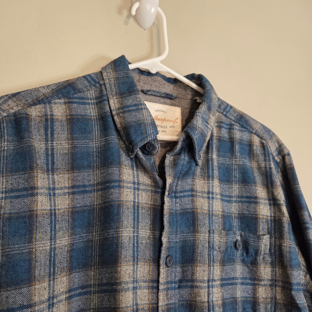Weatherproof Vintage Flannel Shirt Mens Large Blue Gray Plaid Button Down